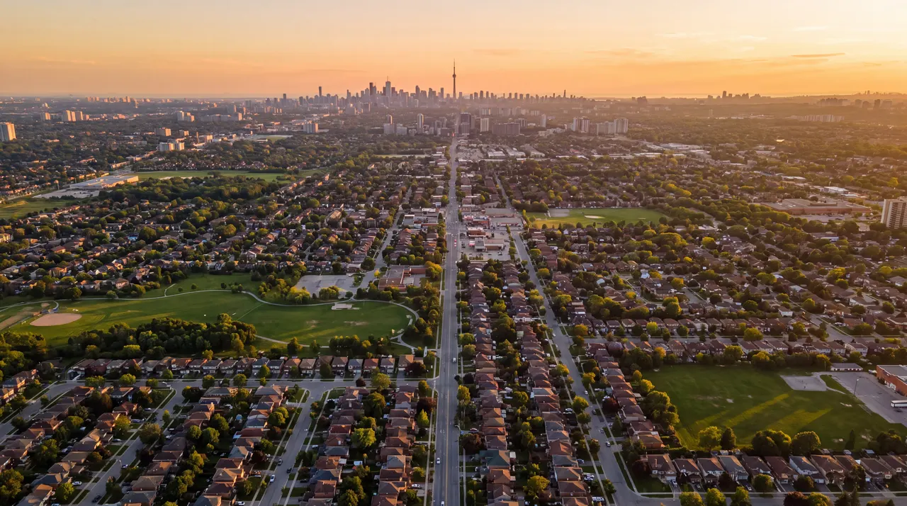 Scarborough neighbourhoods along Sheppard Avenue East at sunset, with the Toronto skyline on the horizon
