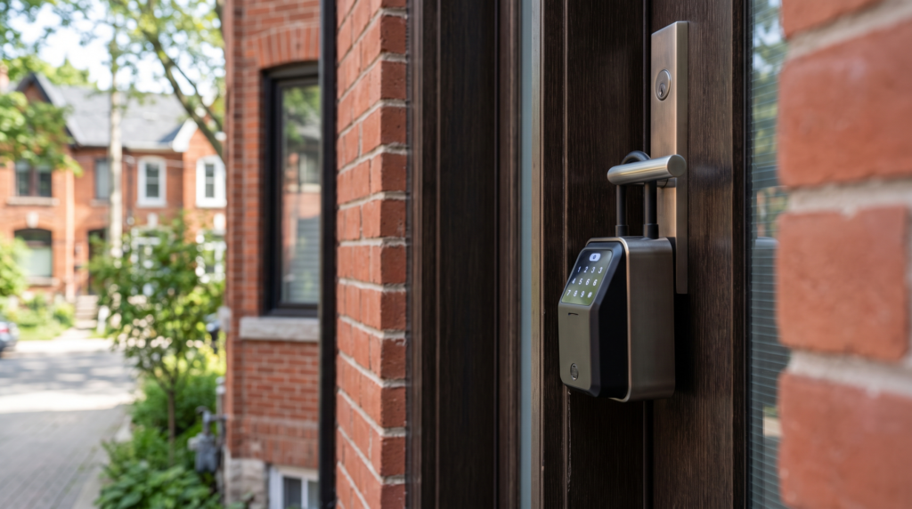 A combination lockbox hanging on the front door handle of a Toronto home