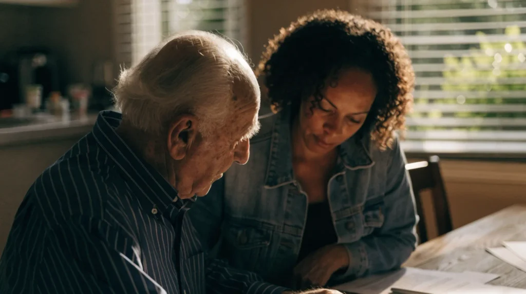Adult daughter and her father discussing property and estate documents at a dining table